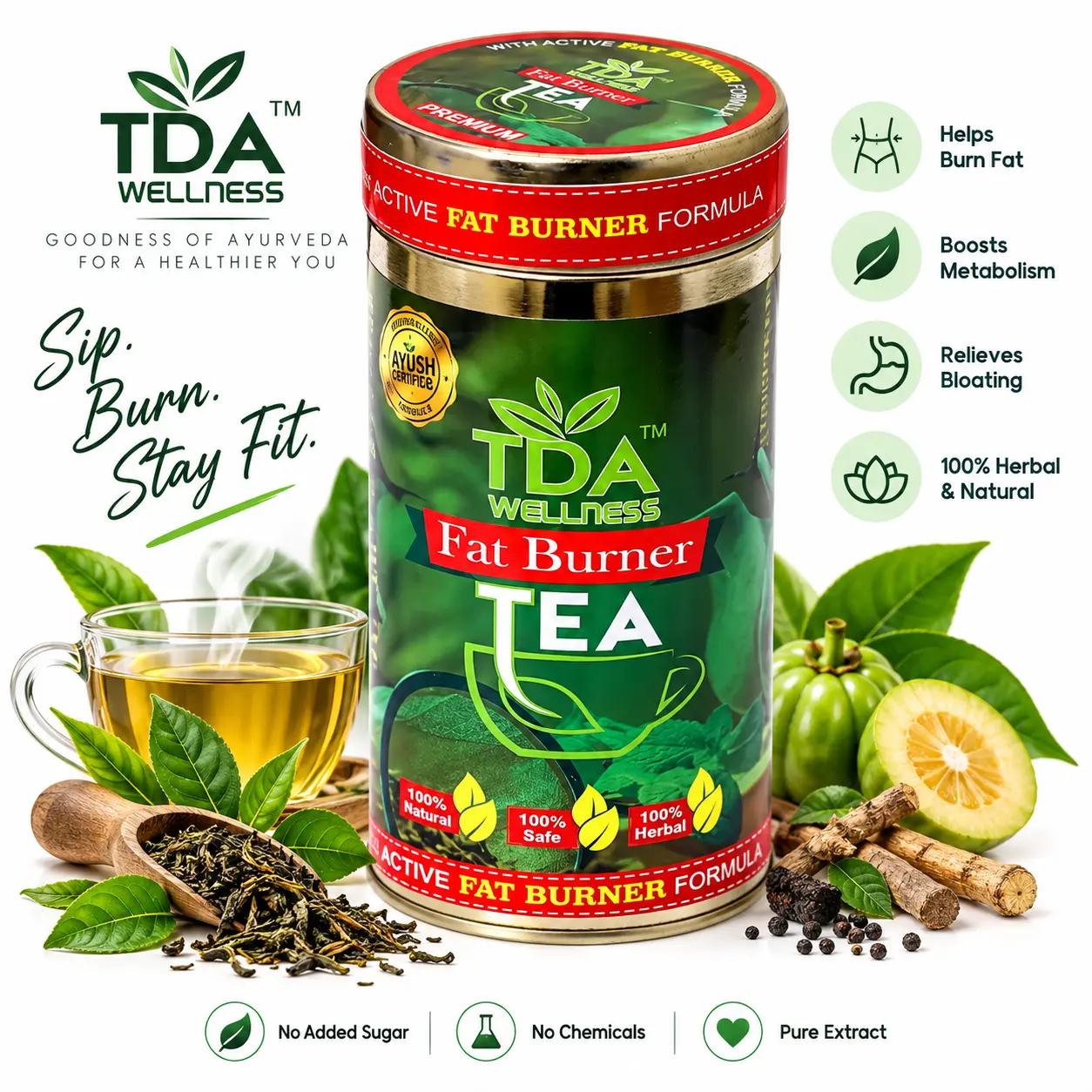 TDA Active Fat Burner Green Tea | 6 Ayurvedic Herbs for Belly Fat & Metabolism - Image 2