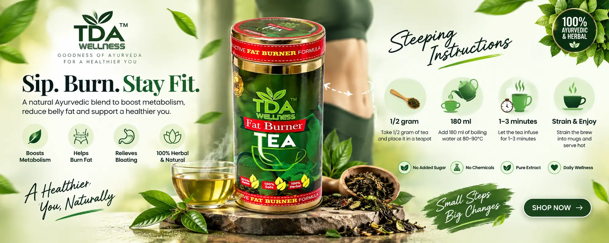 TDA Active Fat Burner Tea with 6 Ayurvedic Herbs for Weight Loss and Belly Fat Reduction