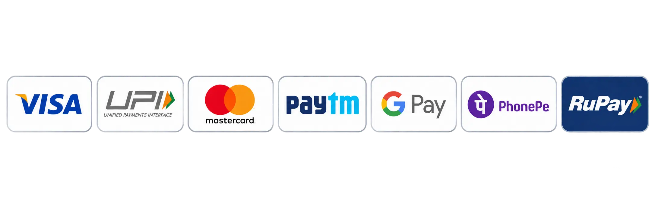 Secure Payment Methods: Visa, UPI, MasterCard, Paytm, Google Pay, PhonePe, RuPay