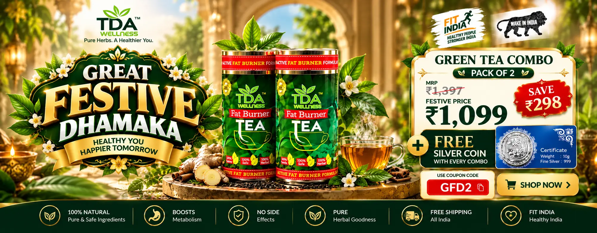 TDA Wellness Great Festive Dhamaka Green Tea Combo Pack of 2 with free 10g fine silver coin, festive price ₹1,099 and coupon code GFD2