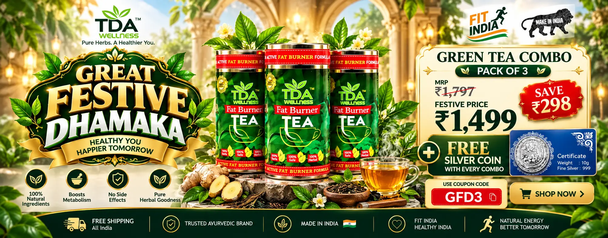 TDA Wellness Great Festive Dhamaka mobile offer featuring three Fat Burner Tea canisters, free 10g fine silver coin and coupon code GFD3