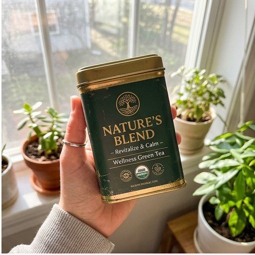 Customer holding TDA tea tin by window