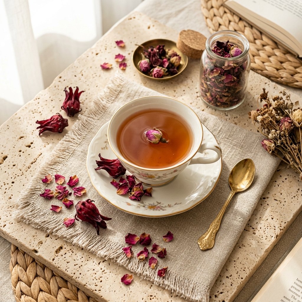 Rose Glow Radiance flatlay with petals