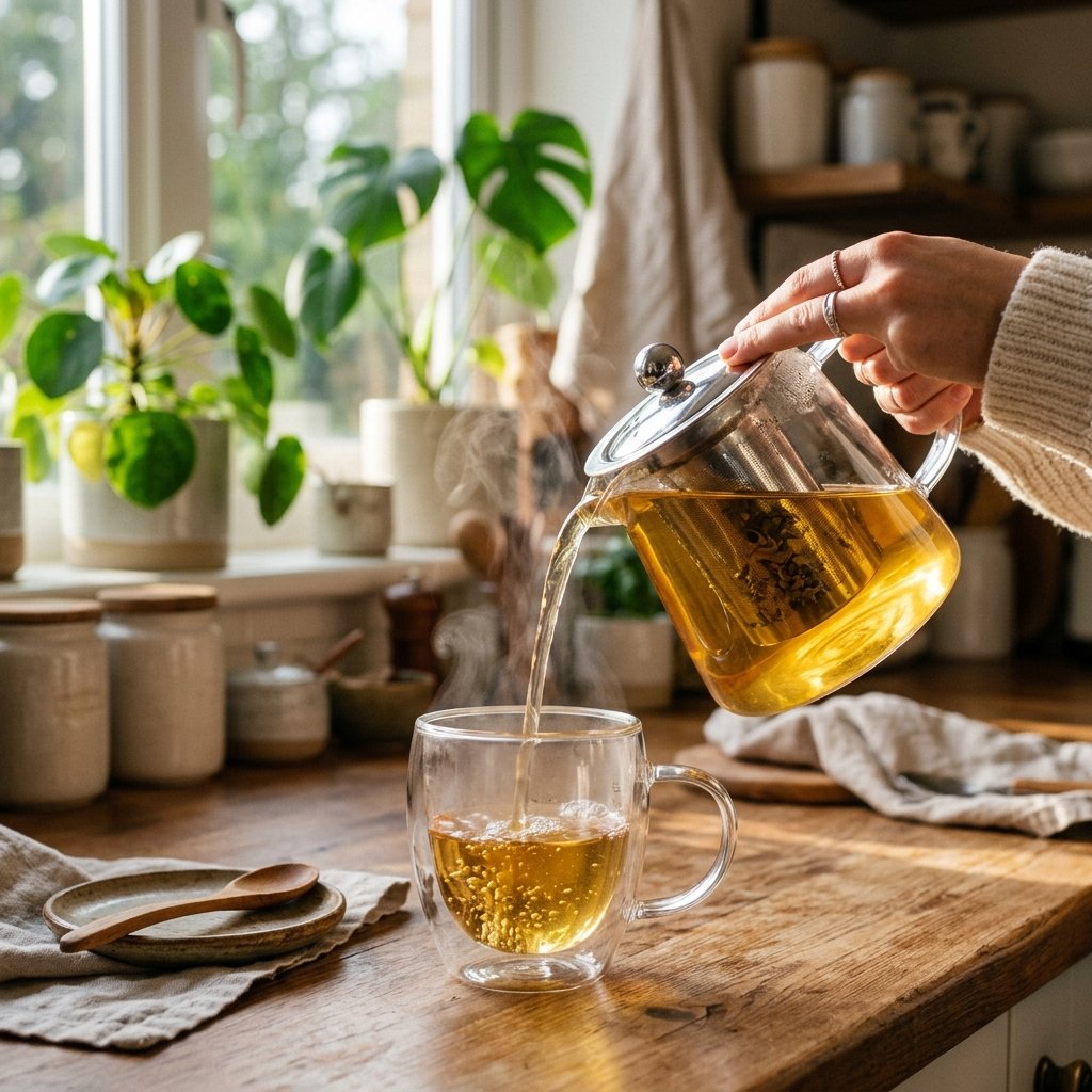 Steaming herbal tea pouring from glass kettle